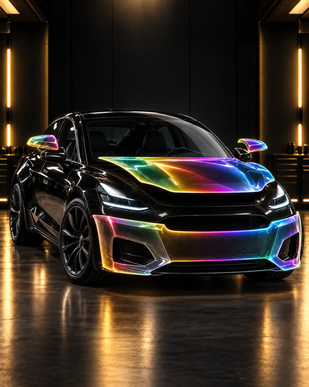 Black sports sedan with paint protection film applied to the hood, mirrors, and front bumper