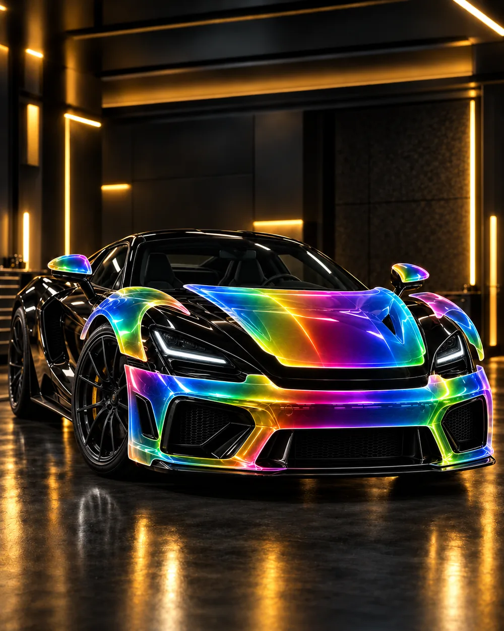Black supercar with paint protection film covering the full hood, fenders, and front bumper